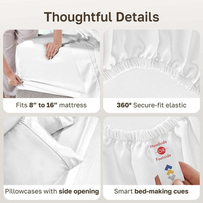 California Design Den Soft 100% Cotton Queen Size Bed Sheets Set, 400 TC Good Housekeeping Award Winner, Silky Sateen Weave with Deep Pockets, Long Staple Cotton Queen Bed Sheet Set - Antique White