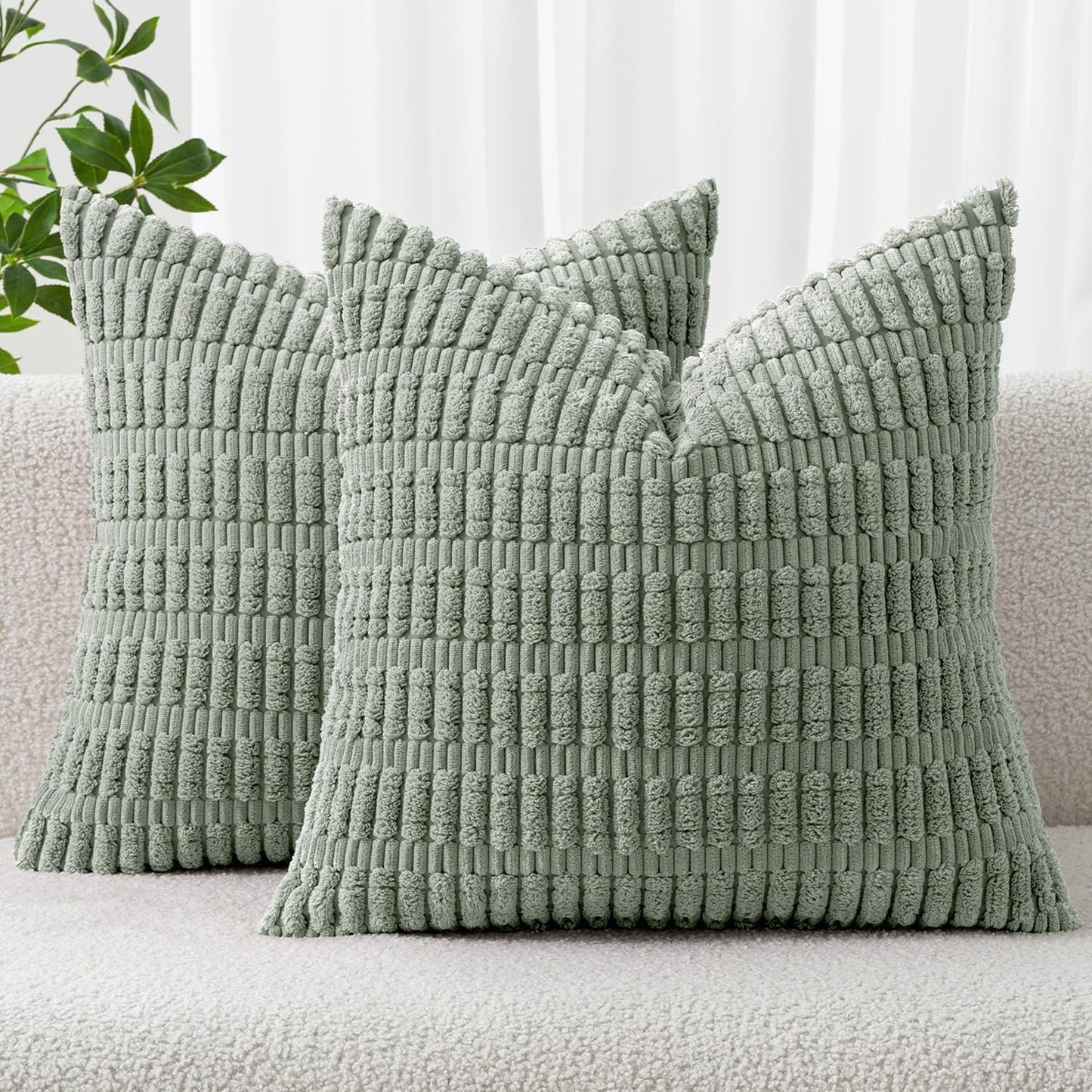 MIULEE Euro Sham Pillow Covers - Soft Boho Striped Corduroy | 24x24 Inch, Greyish Green, Set of 2