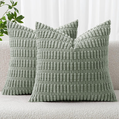 MIULEE Decorative Throw Pillow Covers - Soft Boho Striped Corduroy | Pack of 2, 12x12 Inch, Greyish Green