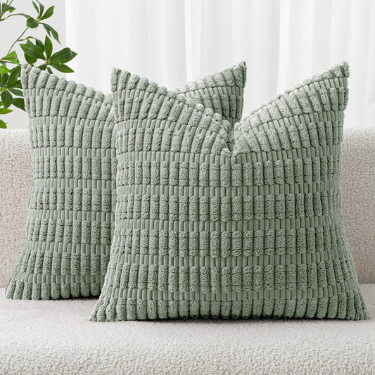 MIULEE Decorative Throw Pillow Covers - Soft Boho Striped Corduroy | Pack of 2, 12x12 Inch, Greyish Green