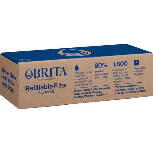 Brita Refillable Filter Starter Kit for Pitchers and Dispensers, BPA-Free, 80% Less Plastic*, Each Lasts Two Months, Includes 1 Shell and 3 Refillable Water Filters