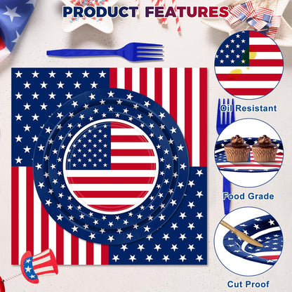 QZYL 122 PCS Fourth of July Decorations - Patriotic Plates, Napkins & Tableware Set | American Flag Design