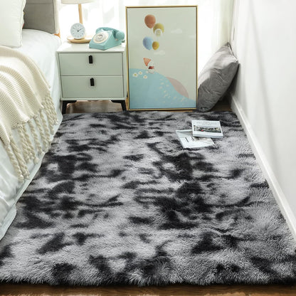 Ophanie Tie-Dyed Black & Grey Area Rug - Fluffy Shag Plush Carpet for Bedroom & Living Room | 4x6 Indoor Decor