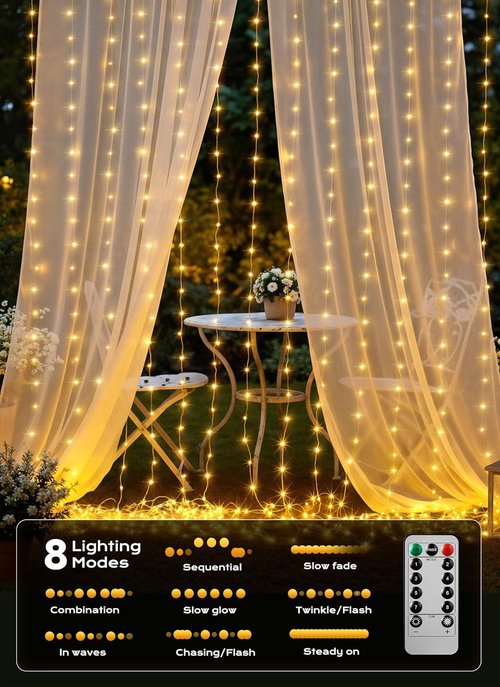 Brightown 300 LED Curtain Lights - 9.8 FT Fairy Lights with 8 Modes for Bedroom & Party Decor - Warm White