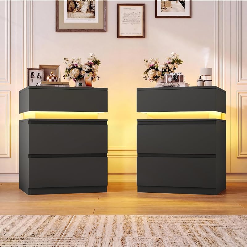 Nightstands Set of 2 with LED Lights, USB Charging Station & App Control, 23.8" Tall – Black+2 Drawers Variation