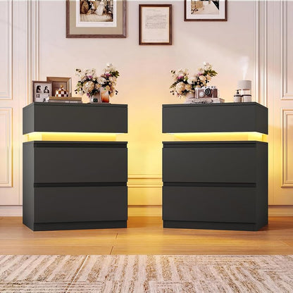 Nightstands Set of 2 with LED Lights, USB Charging Station & App Control, 23.8" Tall – Black+2 Drawers Variation