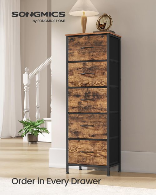 SONGMICS Dresser for Bedroom, Chest of Drawers, Steel, MDF, 5 Non-Woven Fabric Drawers, Storage Organizer Unit, Closet, Entryway, Rustic Brown and Ink Black ULGS315B02S