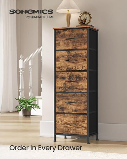 SONGMICS Dresser for Bedroom, Chest of Drawers, Steel, MDF, 5 Non-Woven Fabric Drawers, Storage Organizer Unit, Closet, Entryway, Rustic Brown and Ink Black ULGS315B02S