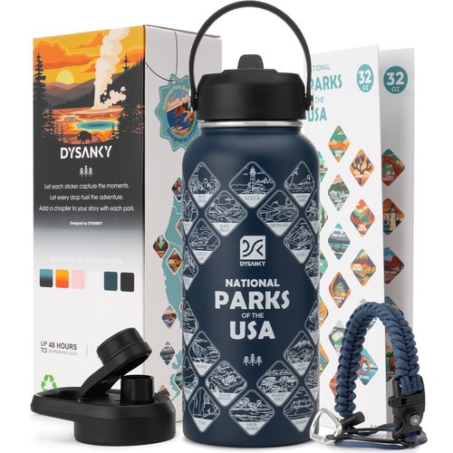 DYSANKY National Parks Water Bottle – 32 oz Insulated Stainless Steel Thermos with 63 Hand-Drawn Park Stickers, Outdoor Accessories & Gift Box – BPA-Free – Ideal for Hiking, Camping & Travel