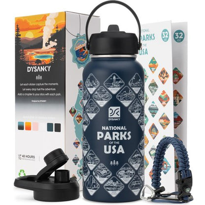 DYSANKY National Parks Water Bottle – 32 oz Insulated Stainless Steel Thermos with 63 Hand-Drawn Park Stickers, Outdoor Accessories & Gift Box – BPA-Free – Ideal for Hiking, Camping & Travel