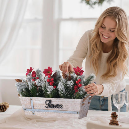 Skiennix Artificial Christmas Centerpiece - Snowy Norfolk Pine Garland with Poinsettias & Berries | Rustic Wood Planter for Holiday Home Decor