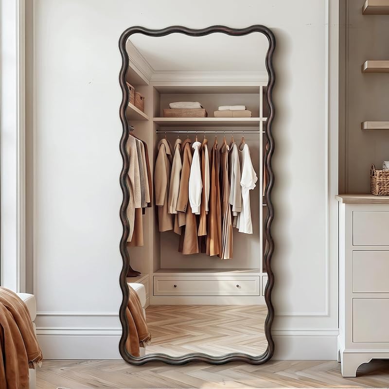 Full Length Mirror 56" x 24" Wood Framed - Dark Brown Wavy Floor Mirror (Variation: 56"L x 24"W)