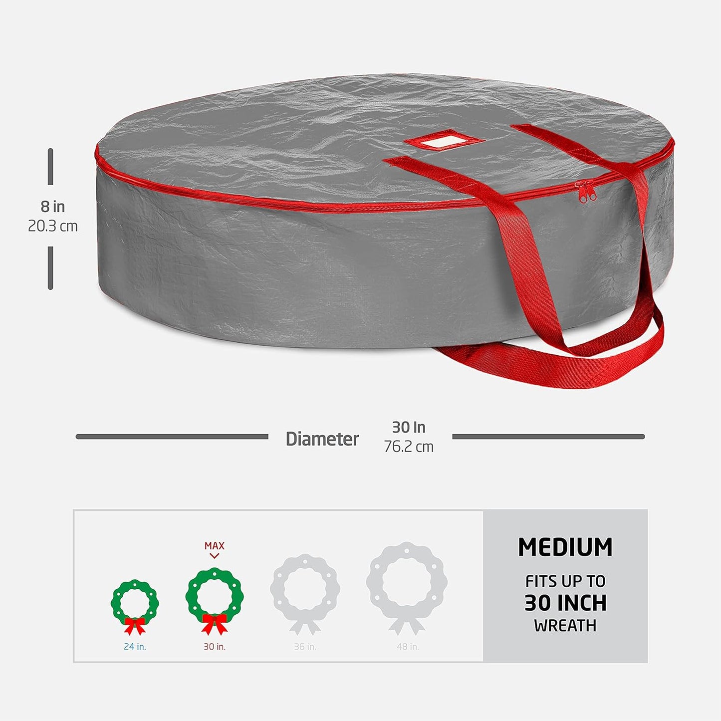ZOBER Wreath Storage Container - 30 Inch Dual Zippered Bag for Artificial Wreaths - Durable Gray Design