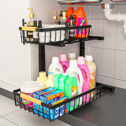 NATURE'S SOURCE Under Sink Organizers and Storage 1 Pack Height Adjustable 2 Tier Pull Out Cabinet Organizer Metal Slide Out Under Bathroom Kitchen Sink Organizers and Storage (Black, 1 pack)