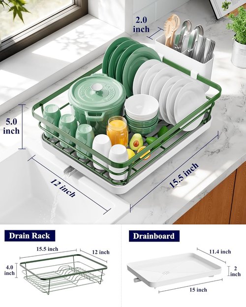 Kitsure Dish Drying Rack - Stainless Steel Kitchen Organizer with Cutlery Holder | 12"W x 15.5"L, Green