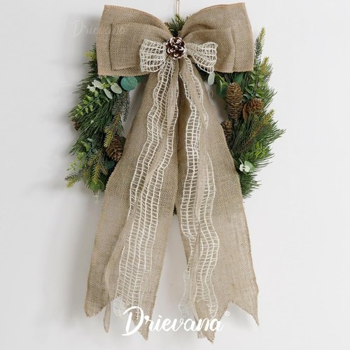 Burlap Christmas Tree Topper Bow - 13 Inch Natural Rustic Jute Wreath with Pine Cone | Holiday Home Decor