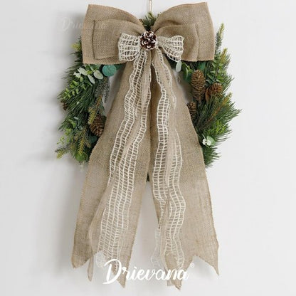 Burlap Christmas Tree Topper Bow - 13 Inch Natural Rustic Jute Wreath with Pine Cone | Holiday Home Decor