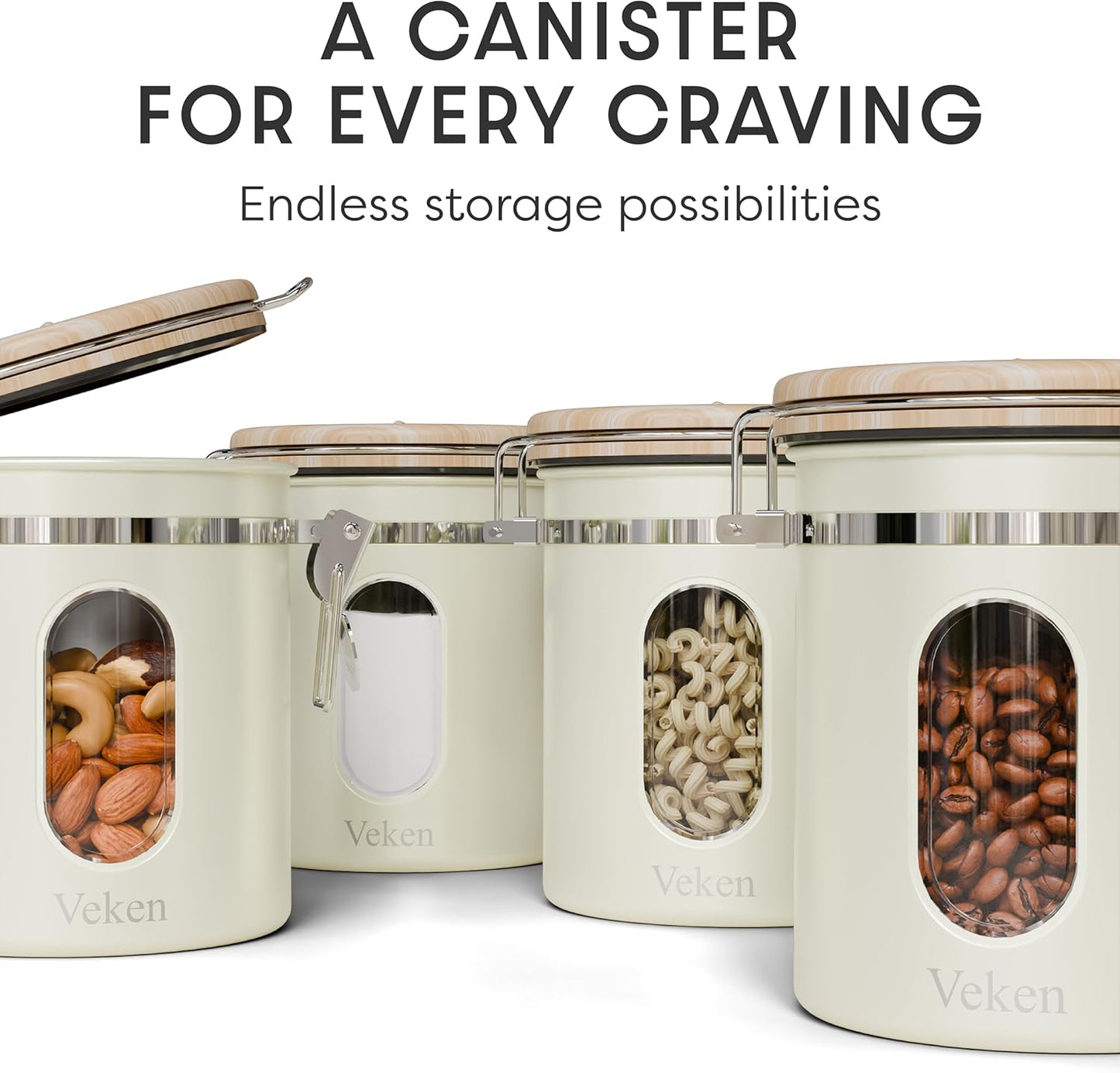 Veken Coffee Canister - Airtight Stainless Steel Food Storage with Window & Date Tracker | 16oz Cream