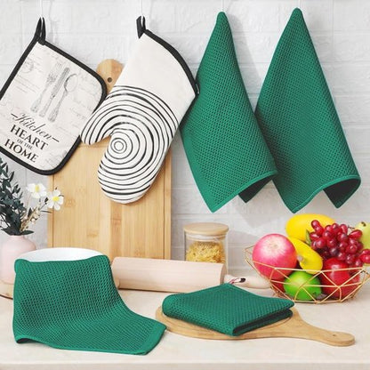 Homaxy Kitchen Dish Cloths - Ultra Soft 100% Cotton Waffle Weave, Quick Drying, 12 x 12 Inches, 8-Pack, Dark Green