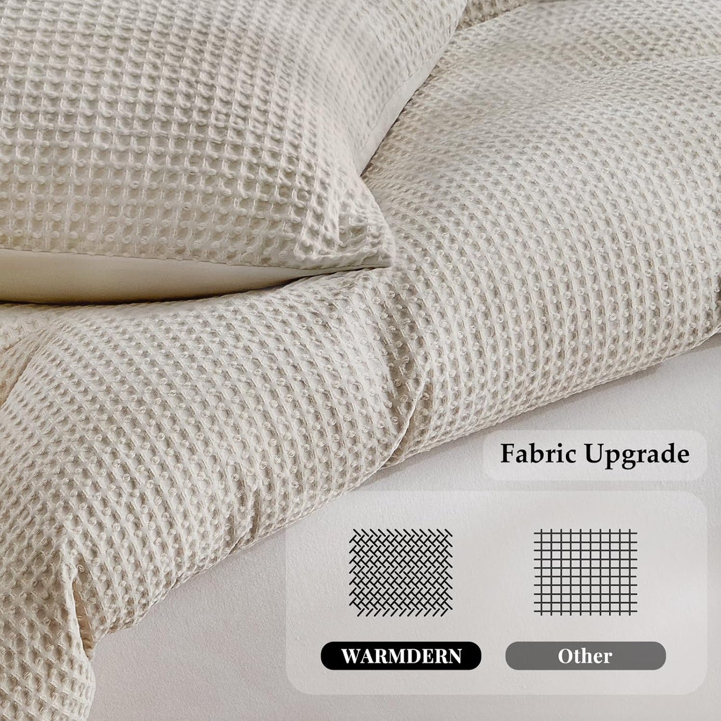 WARMDERN Waffle Weave Duvet Cover Set - Soft & Breathable Queen Size Microfiber Bedding in Khaki | 3 Pieces