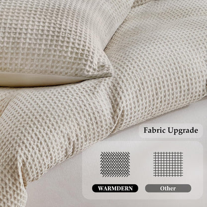WARMDERN Waffle Weave Duvet Cover Set - Soft & Breathable Queen Size Microfiber Bedding in Khaki | 3 Pieces