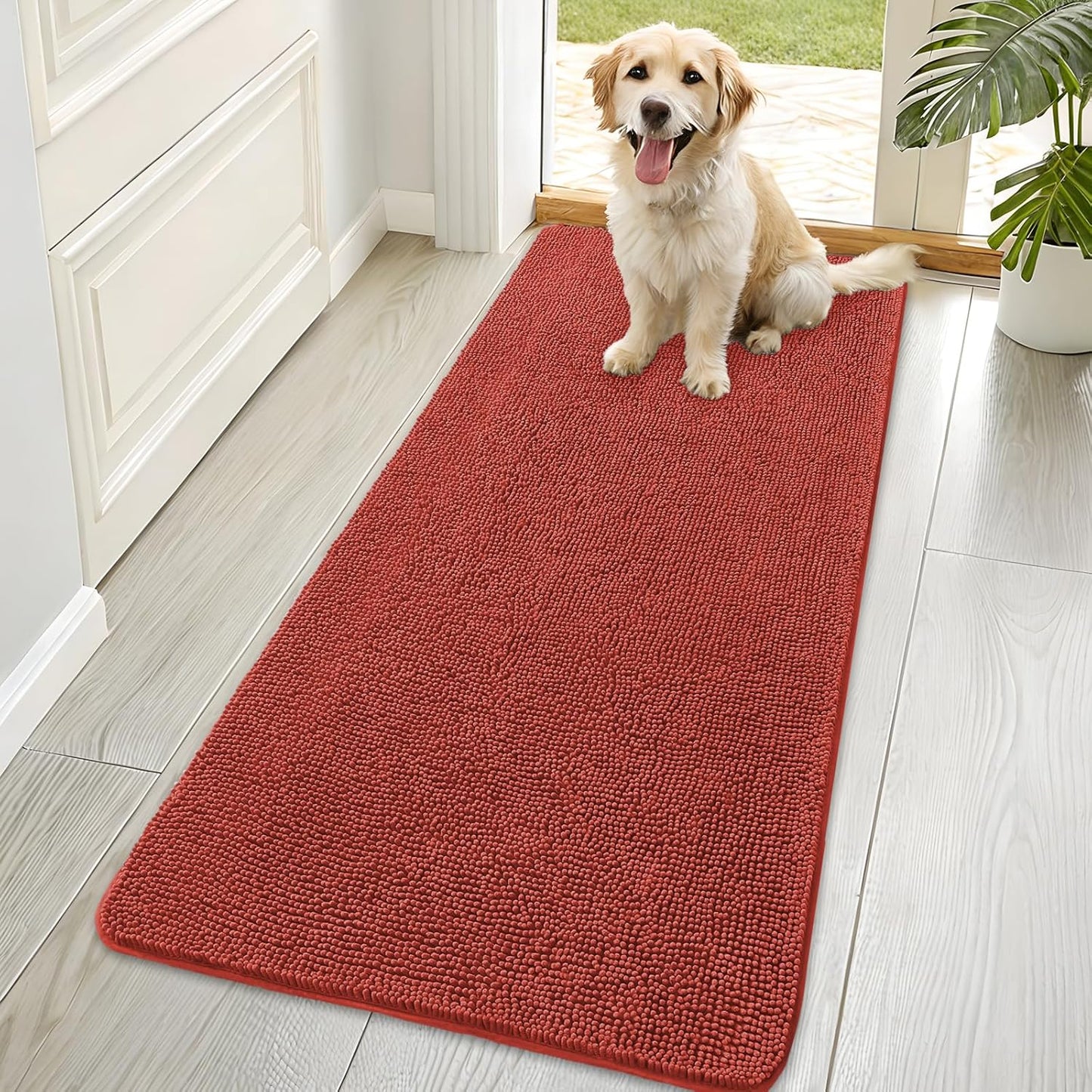 OLANLY Dog Door Mat - Absorbent Non-Slip Washable Mat for Muddy Paws | 70x35, Maple Red