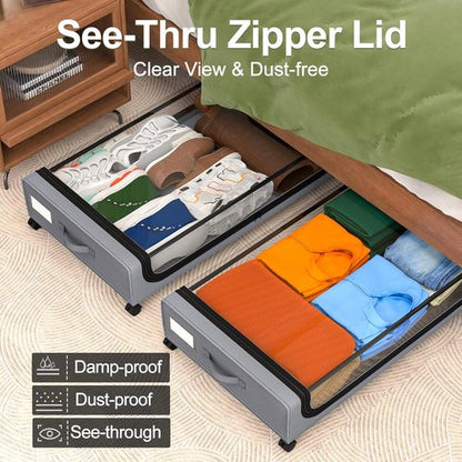 GoMaihe Under Bed Storage - 48L Rolling Containers with Lids for Shoes & Clothes | Grey 2-Pack