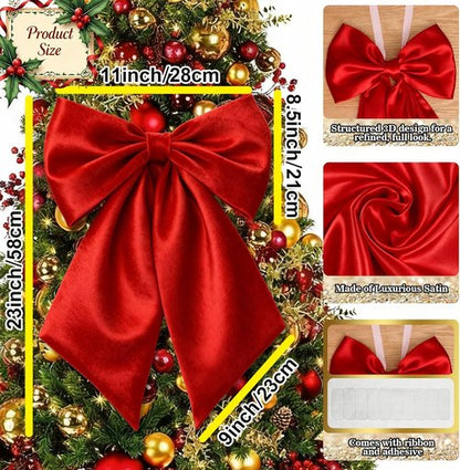 Big Bow Decor by Red Green - 23 x 11 Inch Christmas Satin Bows for Wreaths & Gift Wrapping | 4 Pack