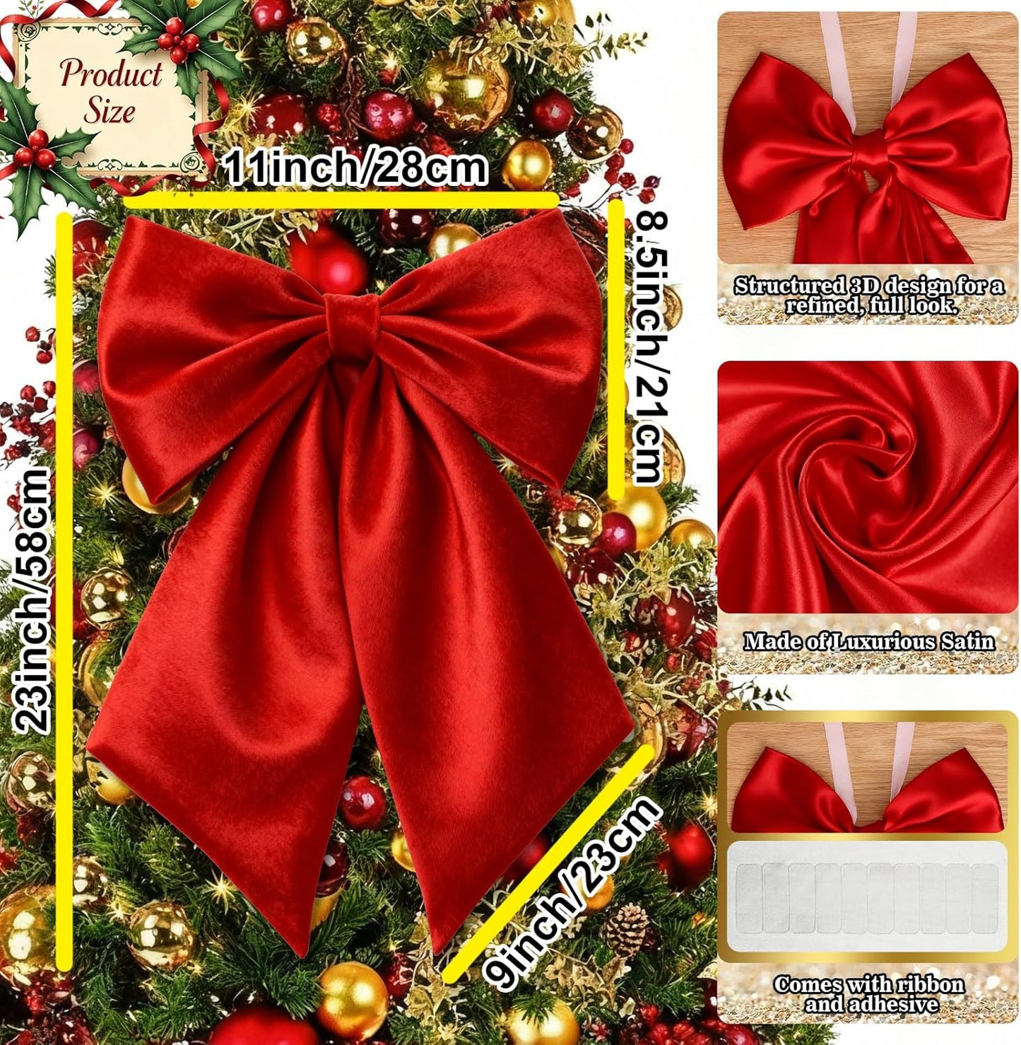 Regine Switzerland Christmas Bows - Large Red & Green Satin Decor for Wreaths & Trees | 23 x 11 Inch (2 Pack)