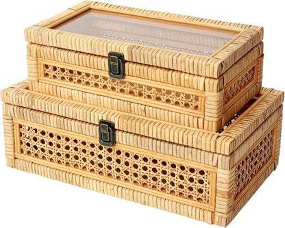DECOR4SEASON Rattan Stacking Boxes with Glass Top Lid - Set of 2 for Boho Rustic Farmhouse Decor