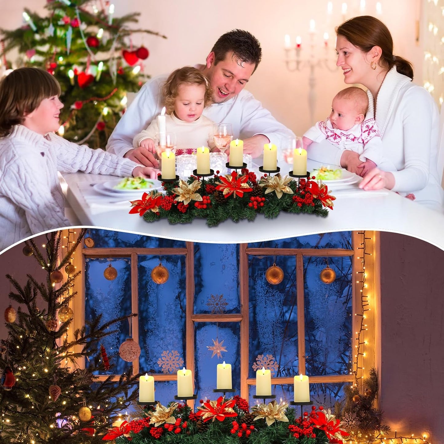 Sliner Christmas Tabletop Centerpiece - 30-Inch Poinsettia Candle Holder with 5 LED Flameless Candles & Pine Cones
