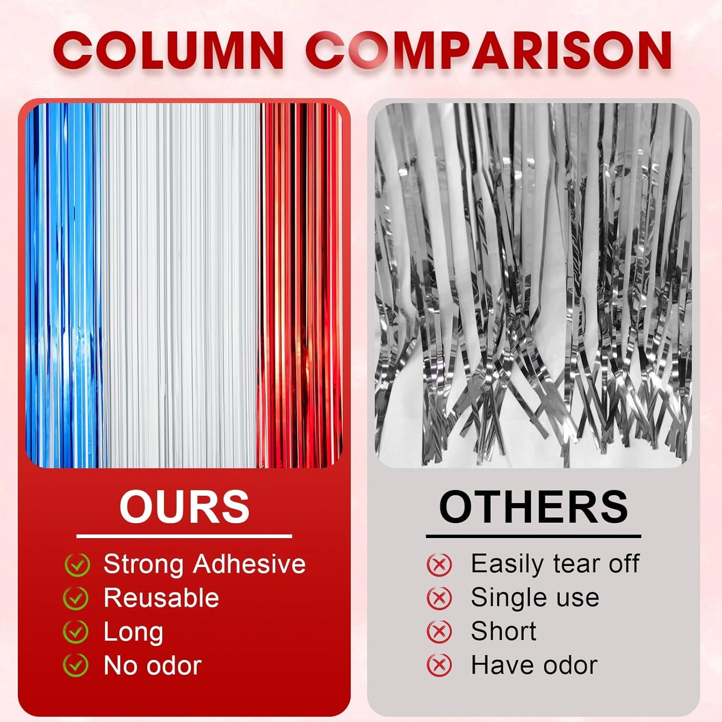 Voircoloria Red, White & Blue Foil Fringe Backdrop Curtains - 3 Pack Tinsel Streamers for Patriotic Celebrations | 3.3 x 8.2 ft