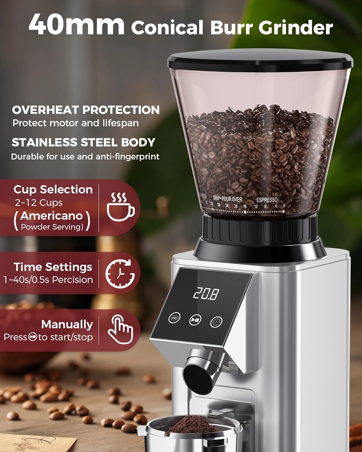 Tuni G1 Conical Burr Coffee Grinder - 48 Grind Settings, Precision Timer & LED Touchscreen - Stainless Steel Silver