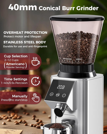 Tuni G1 Conical Burr Coffee Grinder - 48 Grind Settings, Precision Timer & LED Touchscreen - Stainless Steel Silver