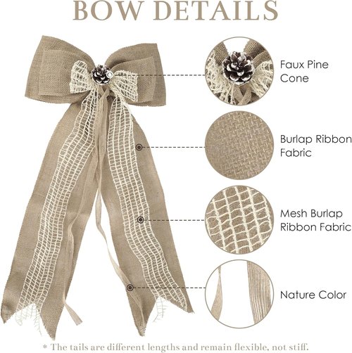 Burlap Christmas Tree Topper Bow - 13 Inch Natural Rustic Jute Wreath with Pine Cone | Holiday Home Decor