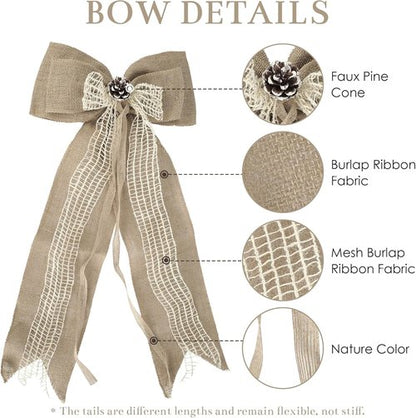 Burlap Christmas Tree Topper Bow - 13 Inch Natural Rustic Jute Wreath with Pine Cone | Holiday Home Decor
