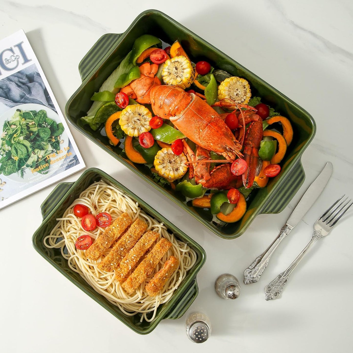 Regine Switzerland Ceramic Baking Casserole Dish - Large 9x13 Inch Pan with Handles in Forest Green