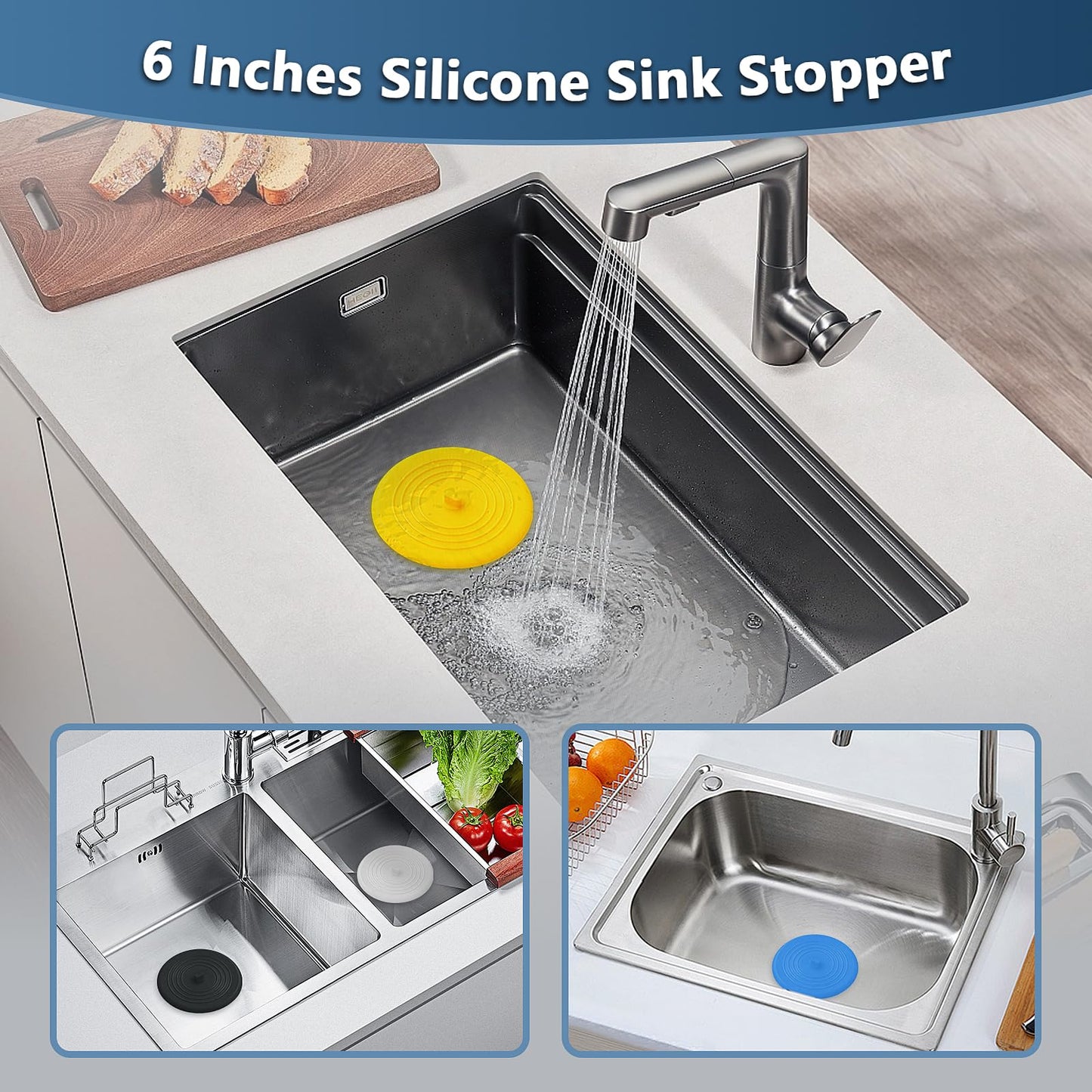 Tub Stopper 5 Pack 6 Inch Silicone Universal Drain Stopper Plug Cover, Flat Suction Bathtub Tub Stopper Bathtub Plug for Bathroom Kitchen Laundry in 5 Colors (White, Grey, Black, Yellow, Blue)