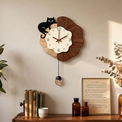 Vintage Farmhouse Cat Wall Clock with Pendulum 16x24in - Large Wall Clock for Bedroom, Silent Movement - Cat+Large
