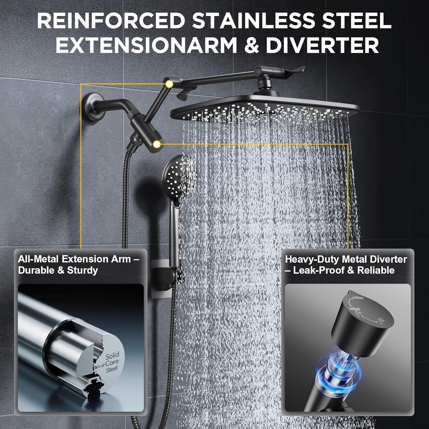 Veken 11.8" Rain Shower Head - High Pressure Handheld Shower with Multi Spray Modes | Matte Black
