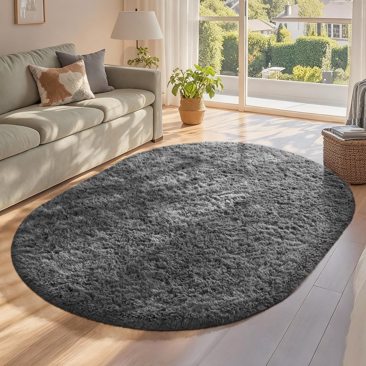 Ophanie 4x6 Oval Grey Rugs for Bedroom Living Room, Fluffy Fuzzy Furry Carpet, Plush Soft Shaggy Bedside Indoor Floor Area Rug for Kids Girls Boys Baby Teen Dorm Nursery Home Decor Aesthetic