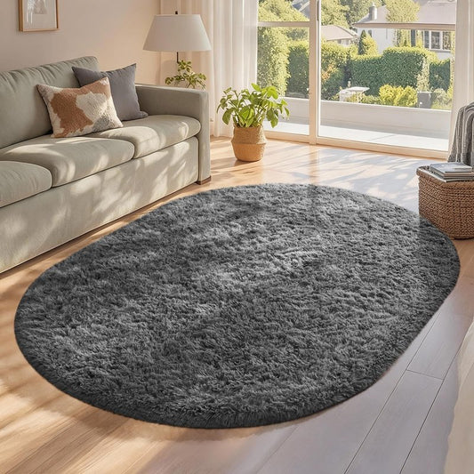 Ophanie 4x6 Oval Grey Rugs for Bedroom Living Room, Fluffy Fuzzy Furry Carpet, Plush Soft Shaggy Bedside Indoor Floor Area Rug for Kids Girls Boys Baby Teen Dorm Nursery Home Decor Aesthetic
