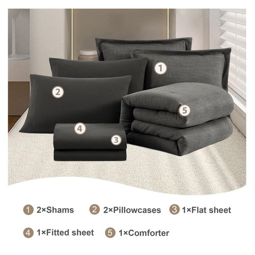 Geniospin Full Comforter Set - 7 Pieces Comforter Full Size, Solid Bedding Sets for All Season, Textured Bed in a Bag with Flat Sheet and Fitted Sheet, Pillowcases and Shams (Grey, 80''x90'')