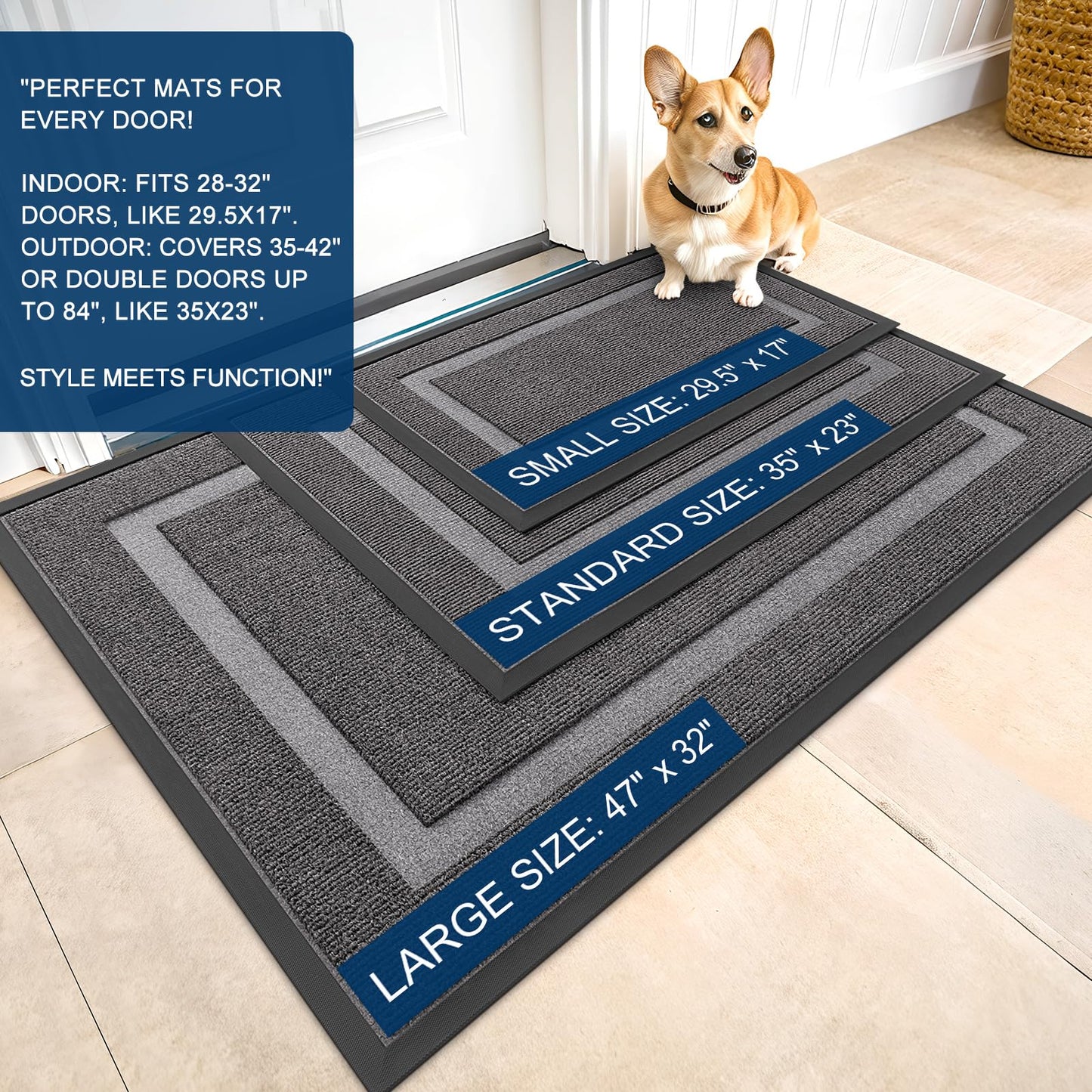 OLANLY Front Door Mat Indoor Outdoor Entrance, Waterproof All-Season, All-Weather Doormat, Sturdy Natural Rubber, Fade Resistant, Low Profile, Easy Clean Patio Porch Entryway Mat, 59x20, Dark Grey