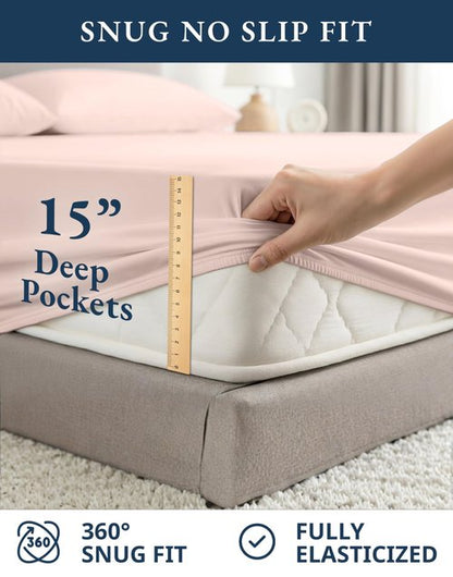 LANE LINEN RV Queen Sheets Set - 100% Organic Cotton Camper Sheet Sets 15" Deep Pocket Fitted (Short Sepia Rose)
