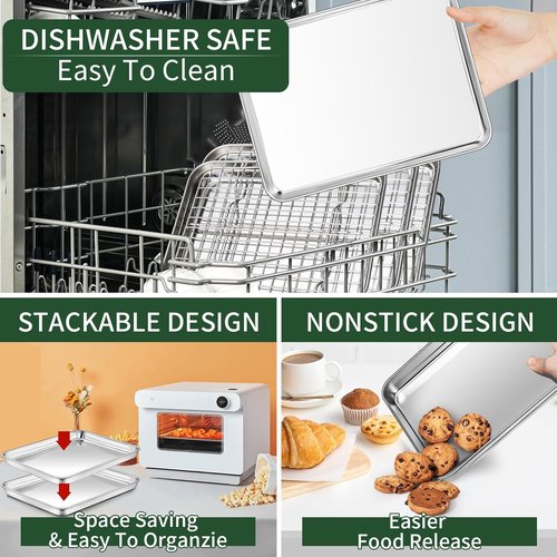 CEKEE Baking Sheet Set - 4PCS Stainless Steel Cookie Sheets with Cooling Rack | Non-Toxic & Easy Clean, 18 x 12 x 1 Inch