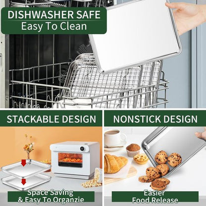 CEKEE Baking Sheet Set - 4PCS Stainless Steel Cookie Sheets with Cooling Rack | Non-Toxic & Easy Clean, 18 x 12 x 1 Inch