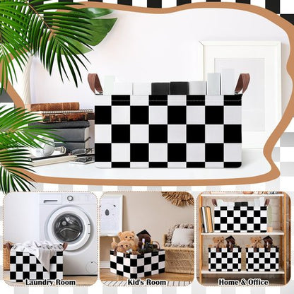 Boao 3 Pcs Checkered Basket Easter Baskets Checkered Storage Bin with Handles Gingham Storage Bin Square Tote Laundry Basket Canvas Foldable Box for Home Office Bedroom Bathroom(Black)
