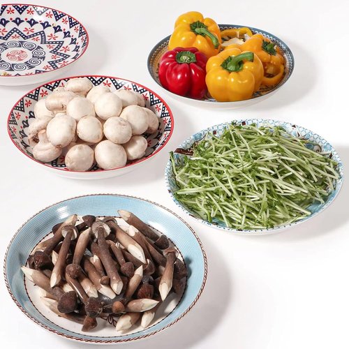 Artena Pasta Bowls Set - 20oz Porcelain Salad Bowls | 8 Inch Colorful Dinner Plates in Blue Peony