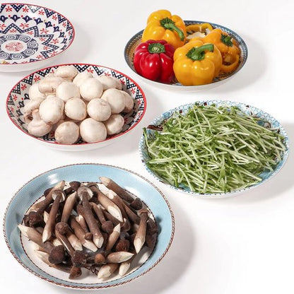 Artena Pasta Bowls Set - 20oz Porcelain Salad Bowls | 8 Inch Colorful Dinner Plates in Blue Peony